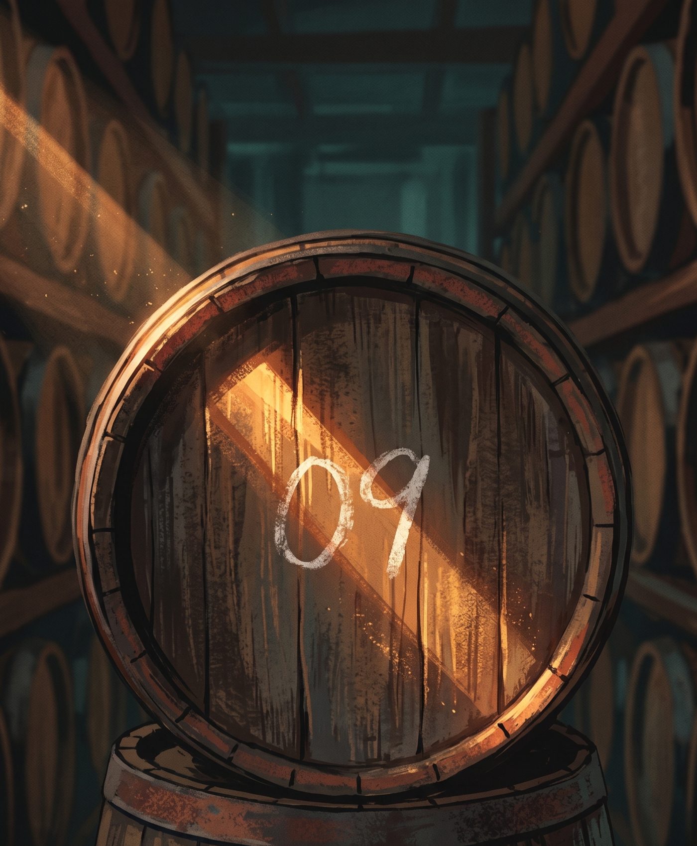 A barrel head marked 09 in chalk