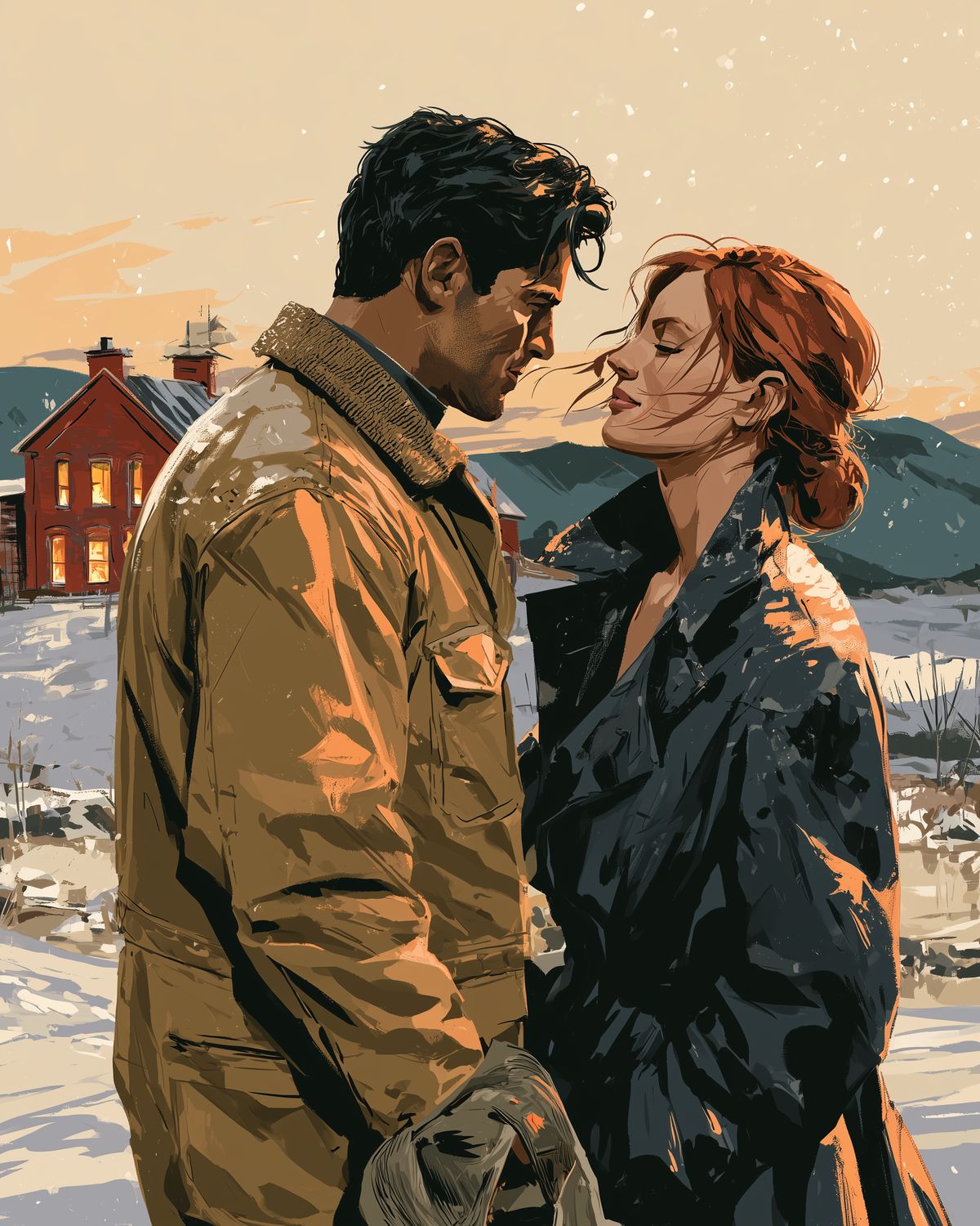 Cole and Devlin forehead to forehead in the snow outside a lit brick farmhouse