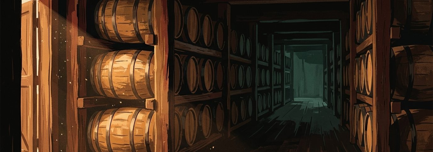 Rows of aging rye barrels in a dim rickhouse